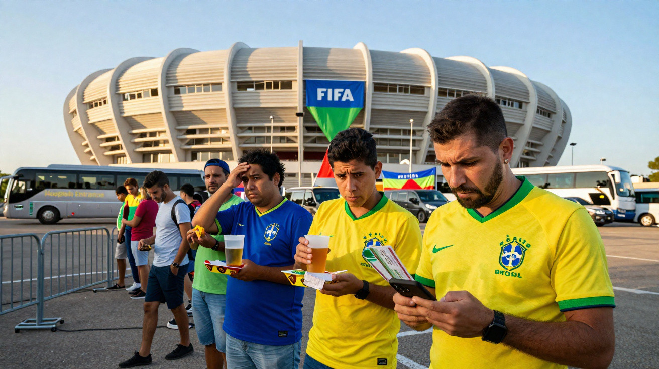 Fãs do Brasil com camisas amarelas e azuis aguardam em fila em frente a um estádio moderno durante o dia.