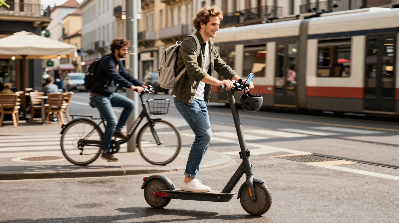 Homem jovem andando de patinete elétrico em rua urbana movimentada com ciclista e bonde ao fundo.