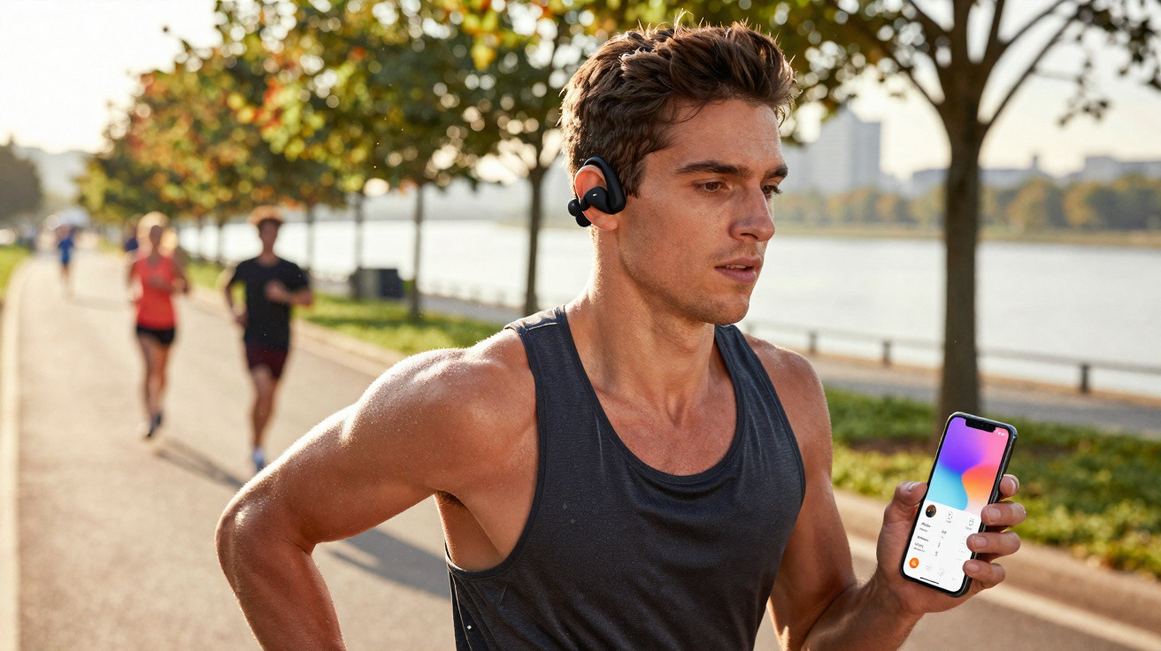 Homem correndo ao ar livre com fones de ouvido esportivos e segurando smartphone mostrando aplicativo de corrida.