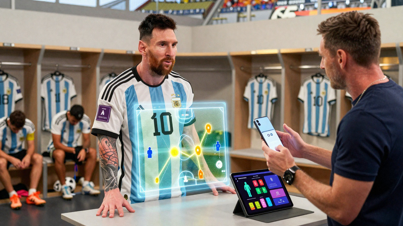 Jogador de futebol argentino com camisa 10 analisa estratégia digital com técnico no vestiário.