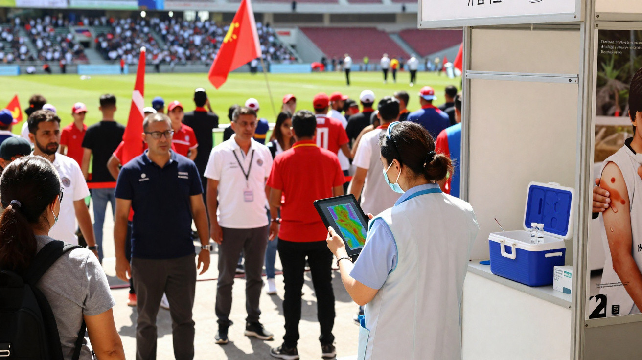 Profissional de saúde com máscara confere tablet enquanto pessoas caminham em estádio com bandeiras.