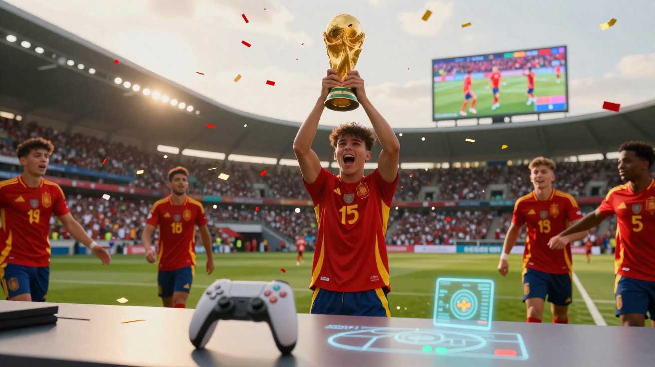 Jogador espanhol comemora segurando taça de campeão em estádio após partida de eSports de FIFA.
