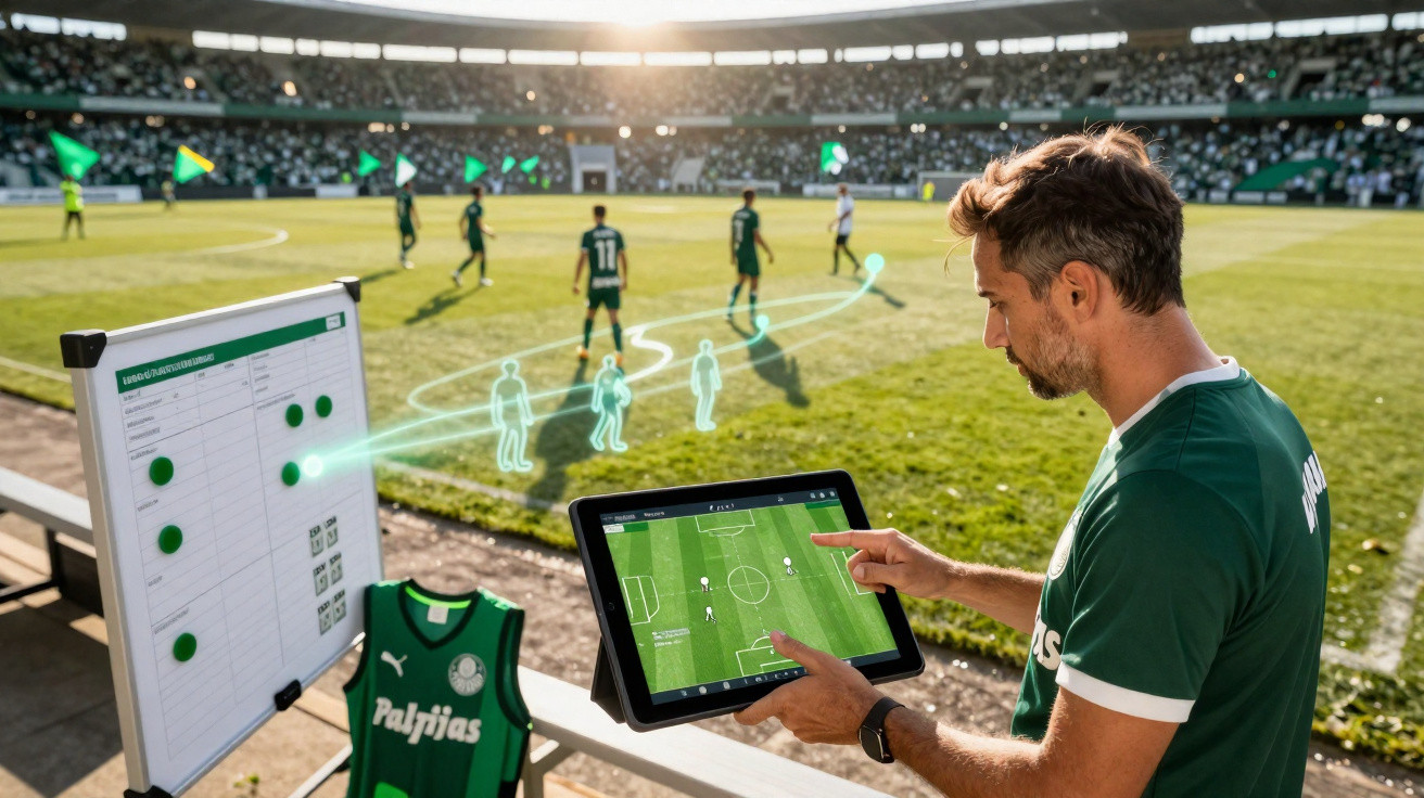 Treinador de futebol usando tablet para análise tática durante jogo em estádio com torcida.