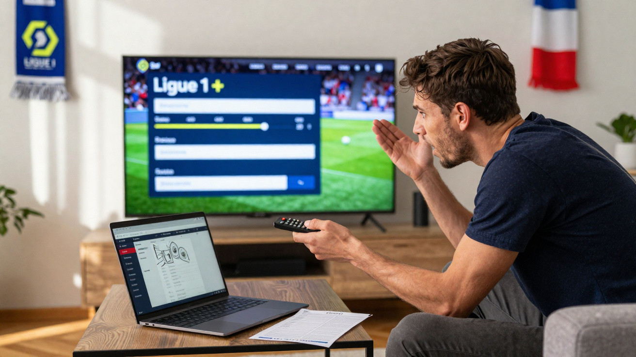 Homem sentado no sofá assiste futebol na TV enquanto usa laptop em mesa de centro.