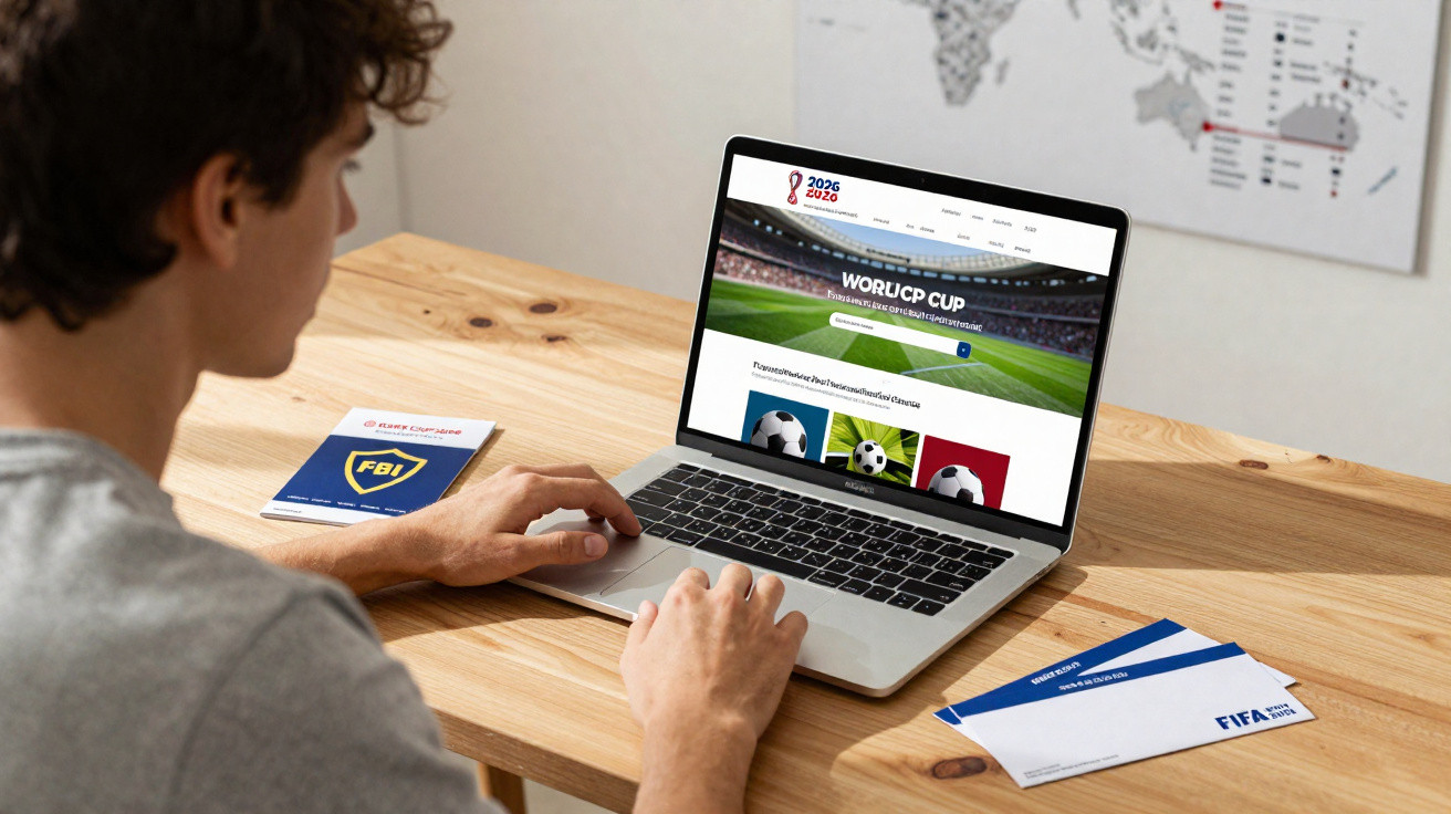 Pessoa usando laptop com site da Copa do Mundo aberto em mesa de madeira, com documentos da FIFA ao lado.