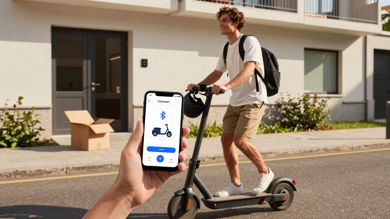 Pessoa com mochila andando de patinete elétrico enquanto outra segura celular com aplicativo conectado via Bluetooth.