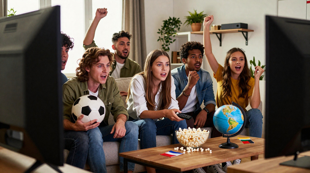 Jovens assistindo partida de futebol na TV, animados, com pipoca e bola em sala de estar.