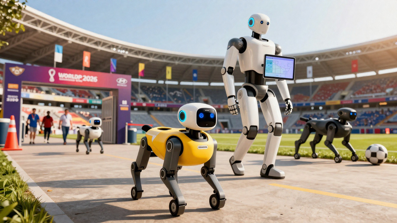 Robôs humanos e caninos em estádio de futebol com placa da Copa do Mundo 2025 ao fundo.