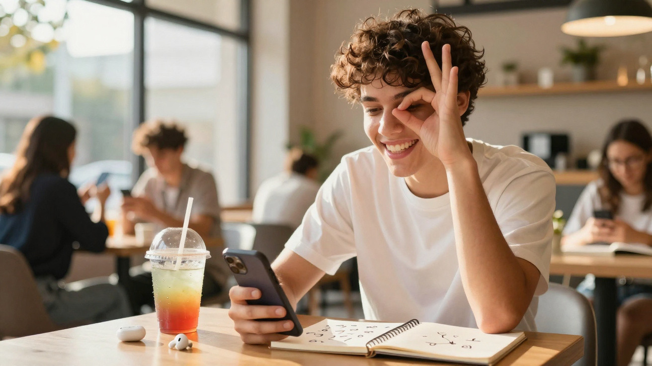 Jovem sorrindo e fazendo sinal de ok enquanto usa celular em cafeteria com caderno aberto na mesa.