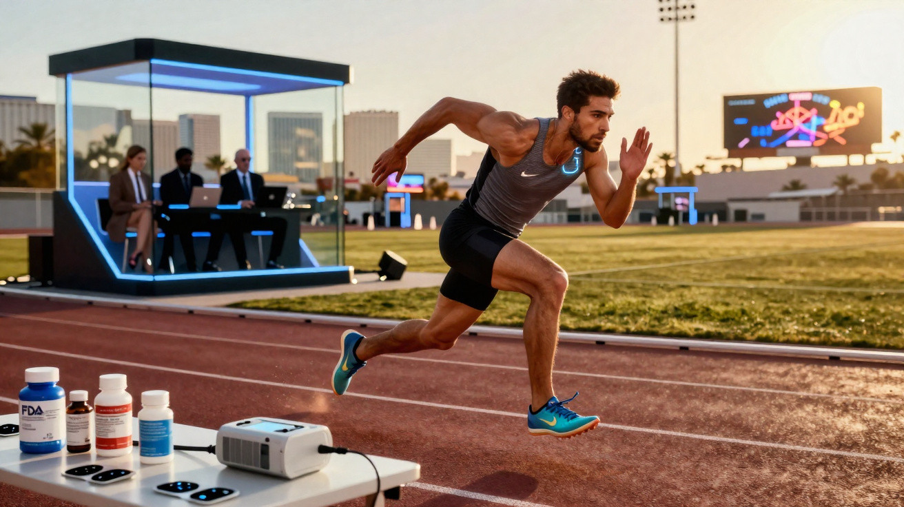 Atleta correndo em pista enquanto é avaliado por juízes em um estádio ao pôr do sol.