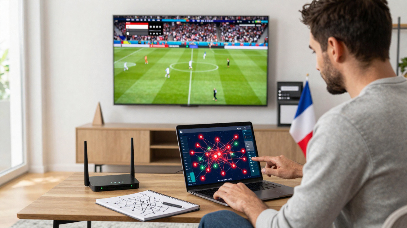 Homem analisa dados de rede no laptop enquanto assiste a partida de futebol na TV em sala moderna.