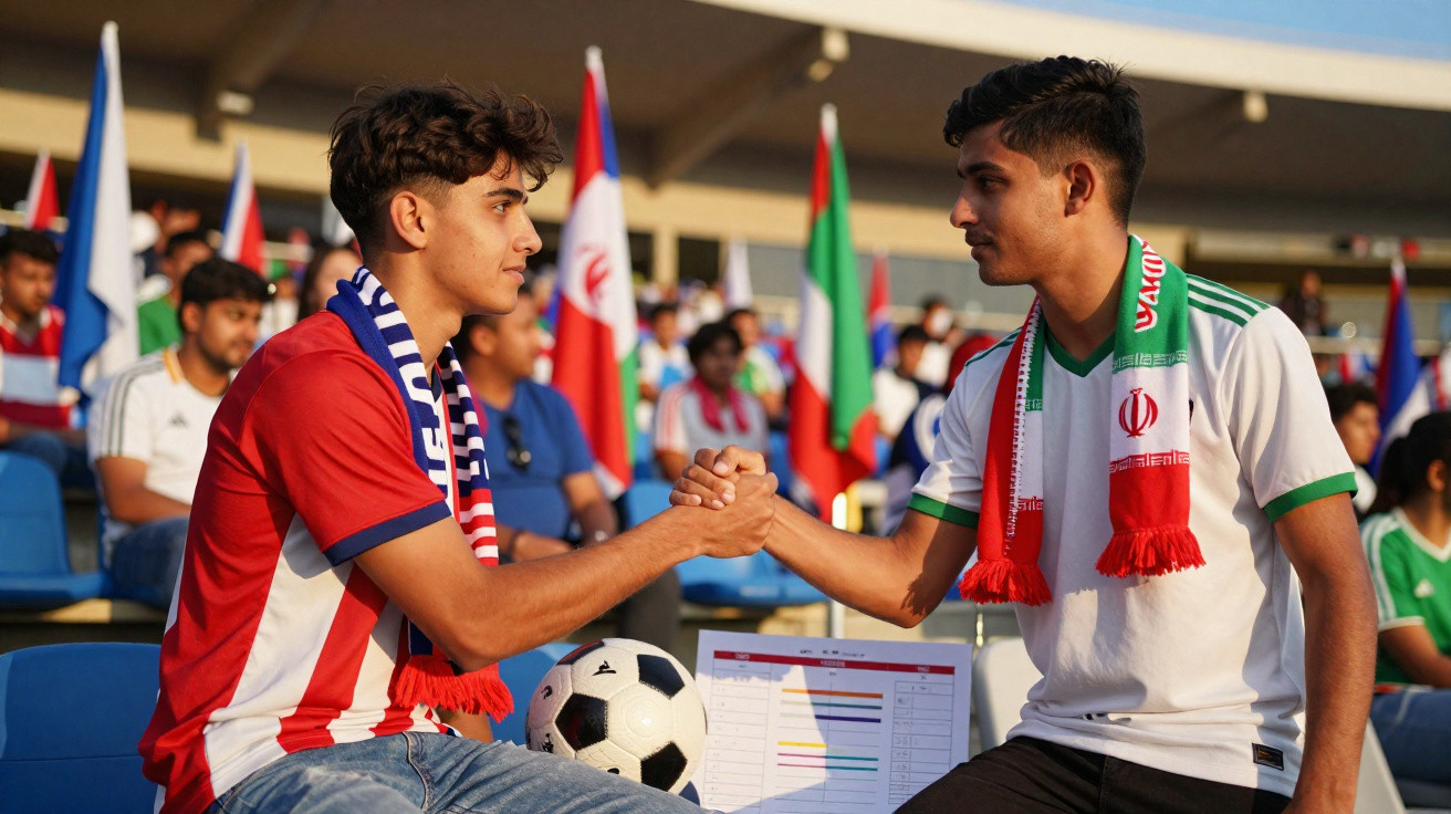 Dois torcedores com camisas e cachecóis de times diferentes apertam as mãos em estádio com bandeiras ao fundo.