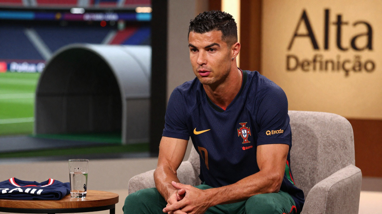 Homem com camiseta da seleção de Portugal sentado em entrevista no programa Alta Definição
