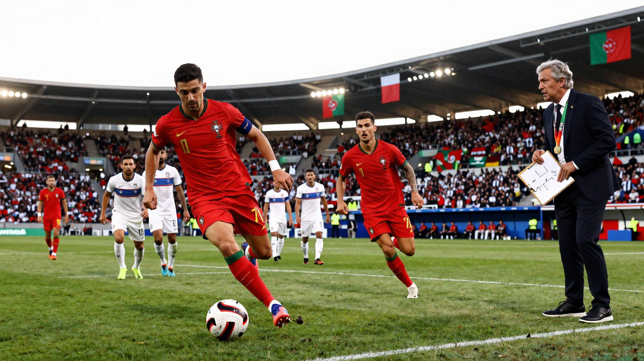Jogador de futebol de Portugal com a bola, com companheiro e técnicos em campo durante jogo em estádio cheio.