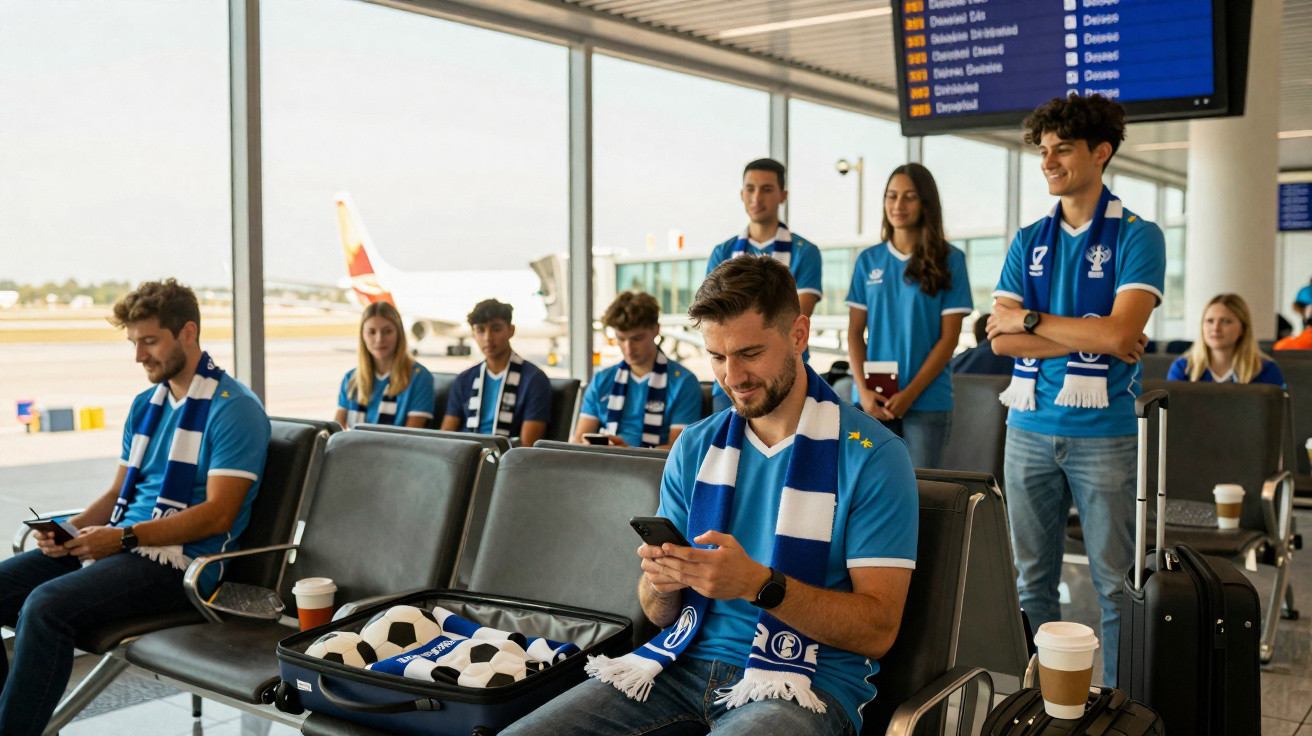 Torcida de futebol em uniformes azuis e cachecóis espera em área de embarque de aeroporto com malas e bolas.