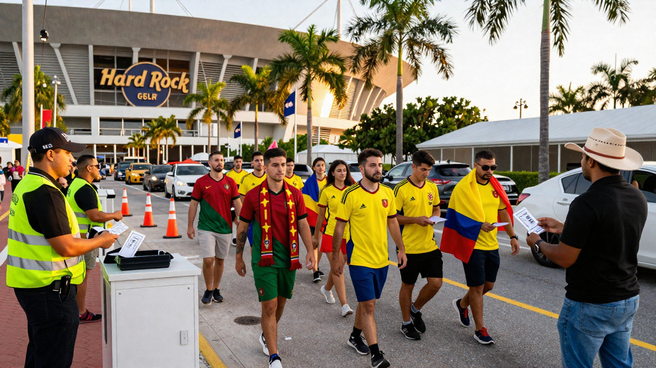 Torcedores com camisas e bandeiras de times caminhando na entrada do estádio Hard Rock em Miami.