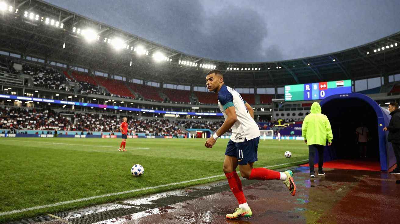 Jogador de futebol com uniforme branco e azul próximo à linha lateral em estádio sob céu nublado.