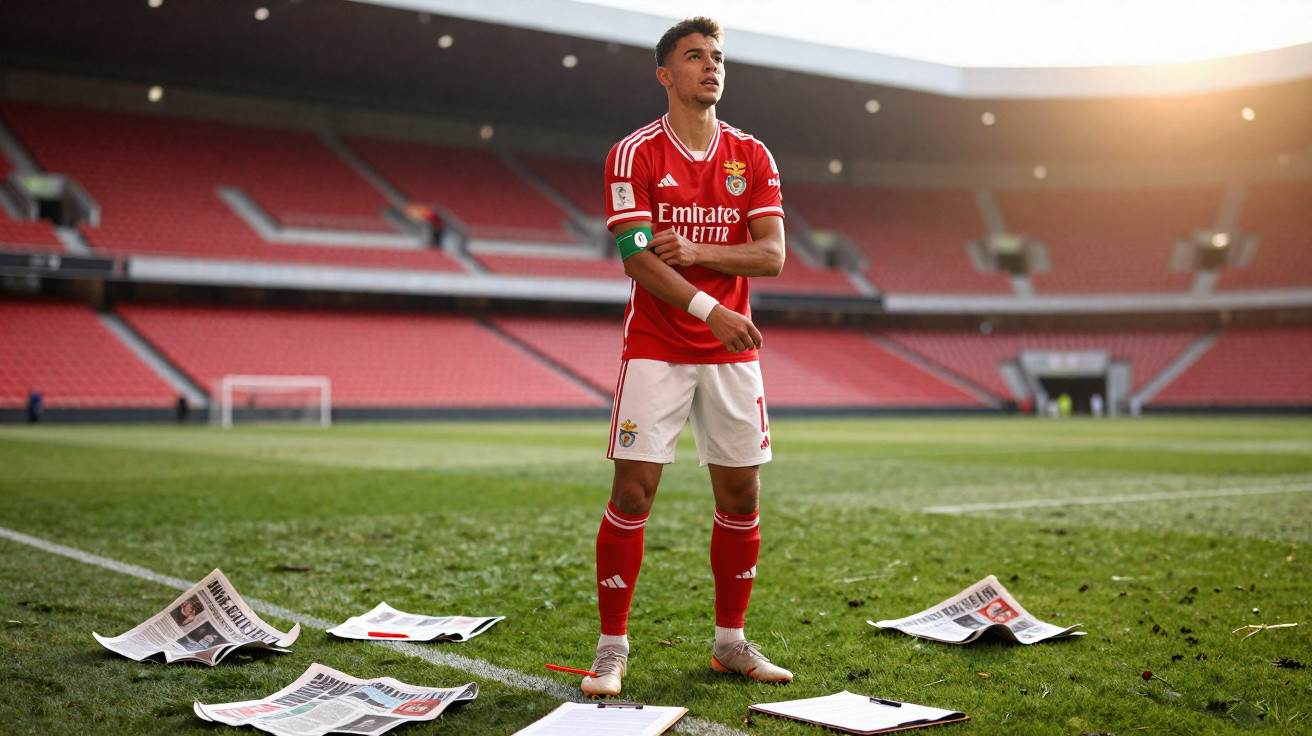 Jogador de futebol do Benfica no campo com jornais espalhados ao redor e estádio vazio ao fundo.