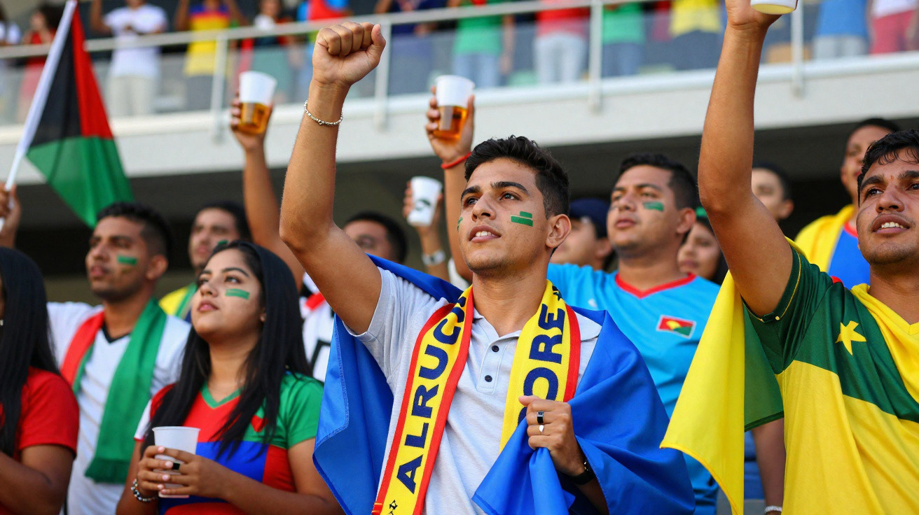 Torcedores com pinturas no rosto e bandeiras celebram em estádio durante jogo de futebol.