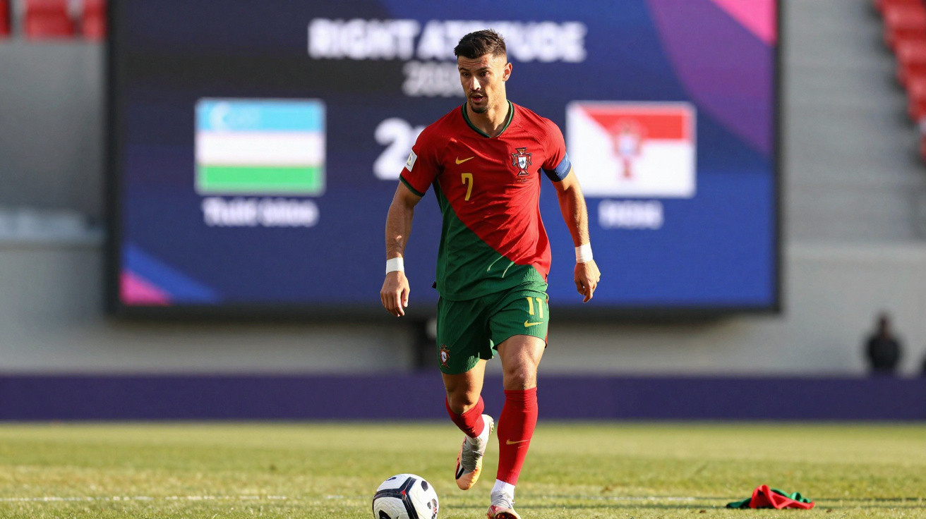 Jogador de futebol de Portugal com a bola em campo durante partida contra Uzbequistão.