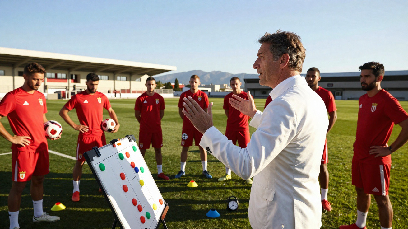 Treinador orienta jogadores de futebol em campo aberto com tática exibida em quadro branco.