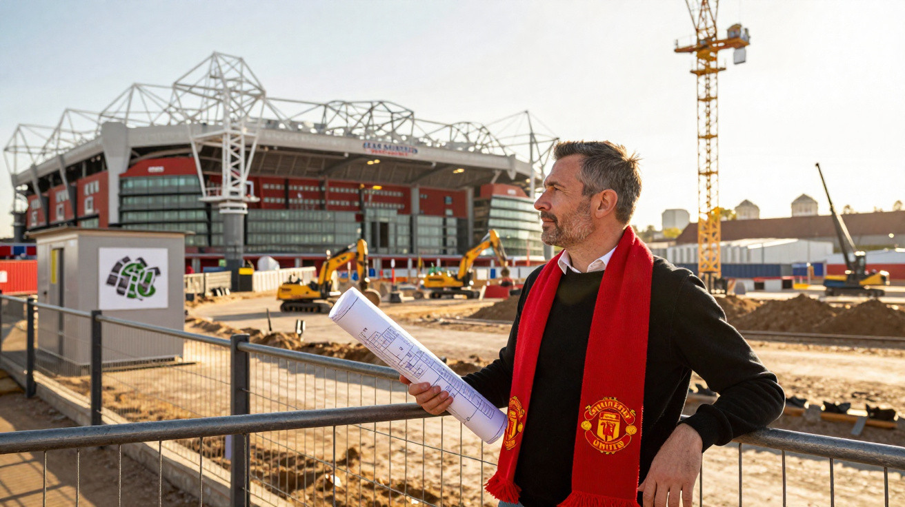 Homem com cachecol do Manchester United segura planta em obra próxima ao estádio Old Trafford ao pôr do sol.