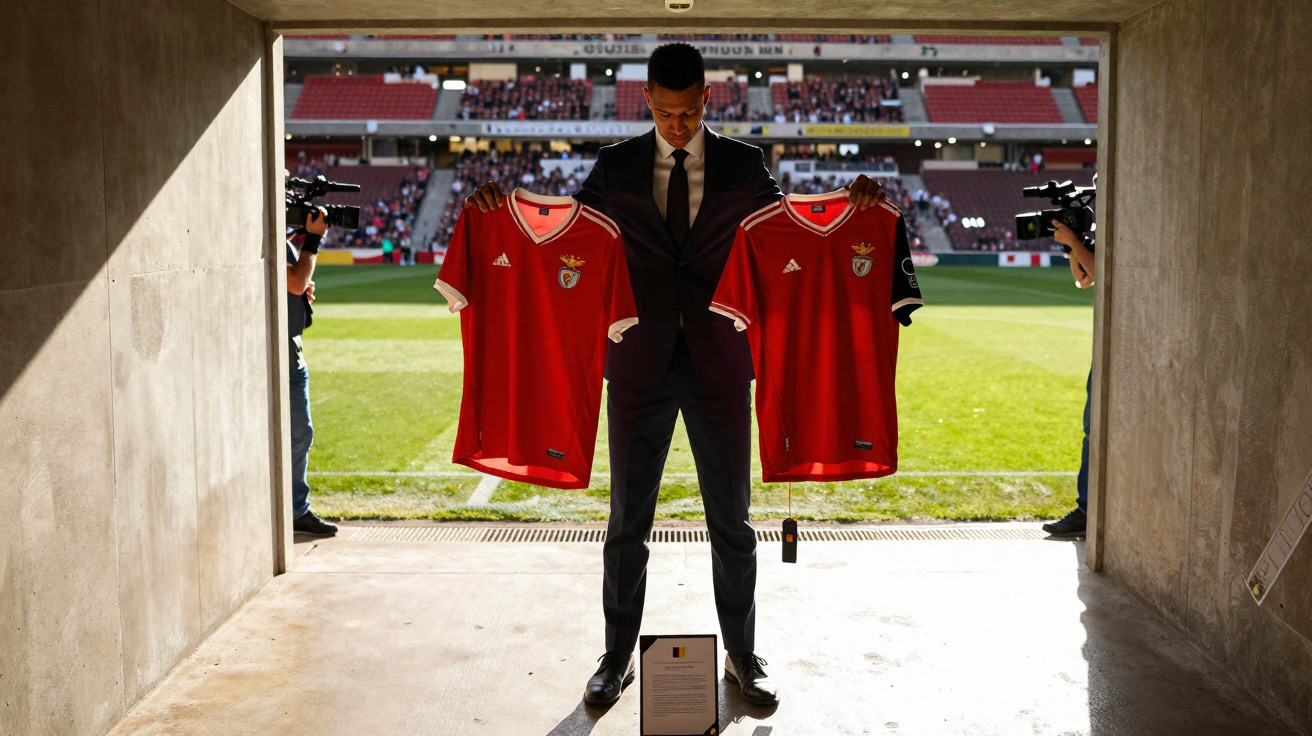Atleta vestido com terno segura duas camisas vermelhas de futebol do Benfica em túnel com estádio ao fundo.