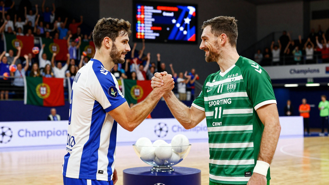 Dois jogadores de futsal, um com uniforme azul e branco e outro verde, cumprimentam-se com aperto de mãos.
