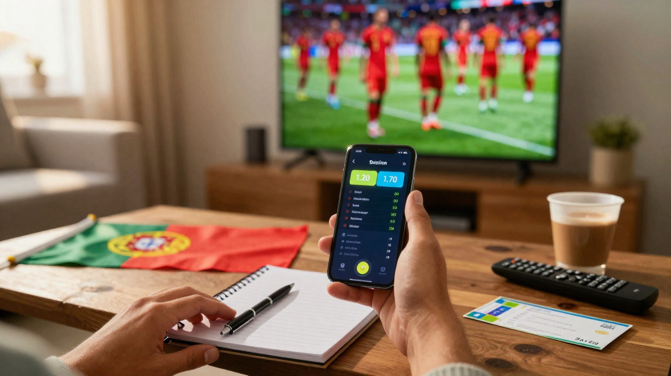 Pessoa usando celular para apostar em jogo de futebol, com bandeira de Portugal e TV ao fundo mostrando jogadores.