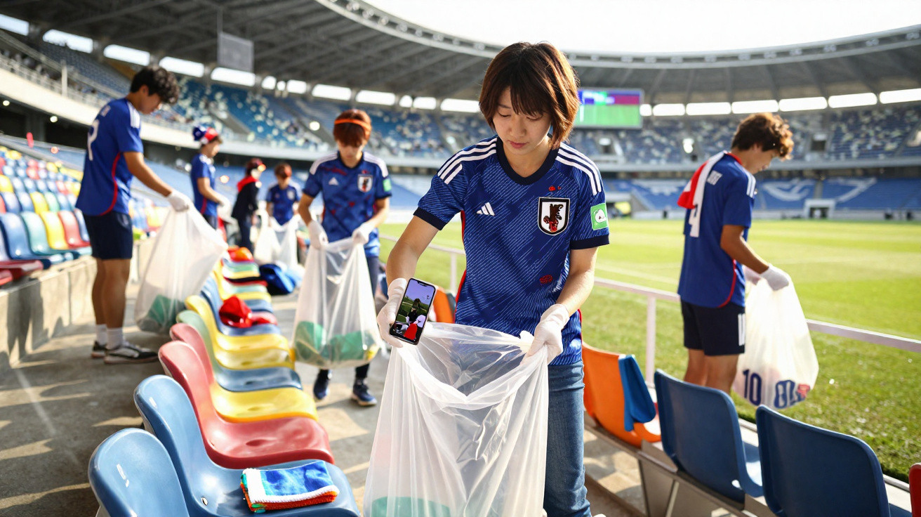Jovens em uniforme coletam lixo em sacos plásticos nas arquibancadas de estádio de futebol vazio.