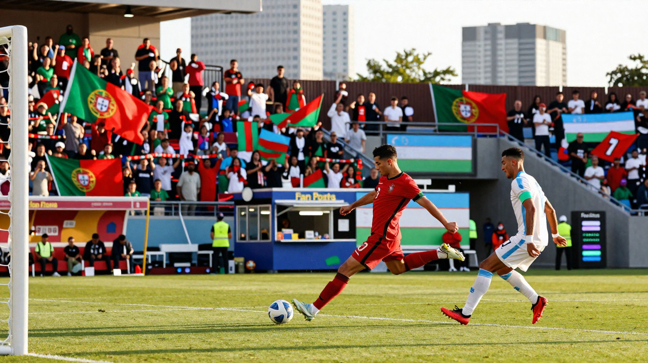 Jogador de futebol de Portugal chutando bola em direção ao gol com adversário da equipe branca próximo.