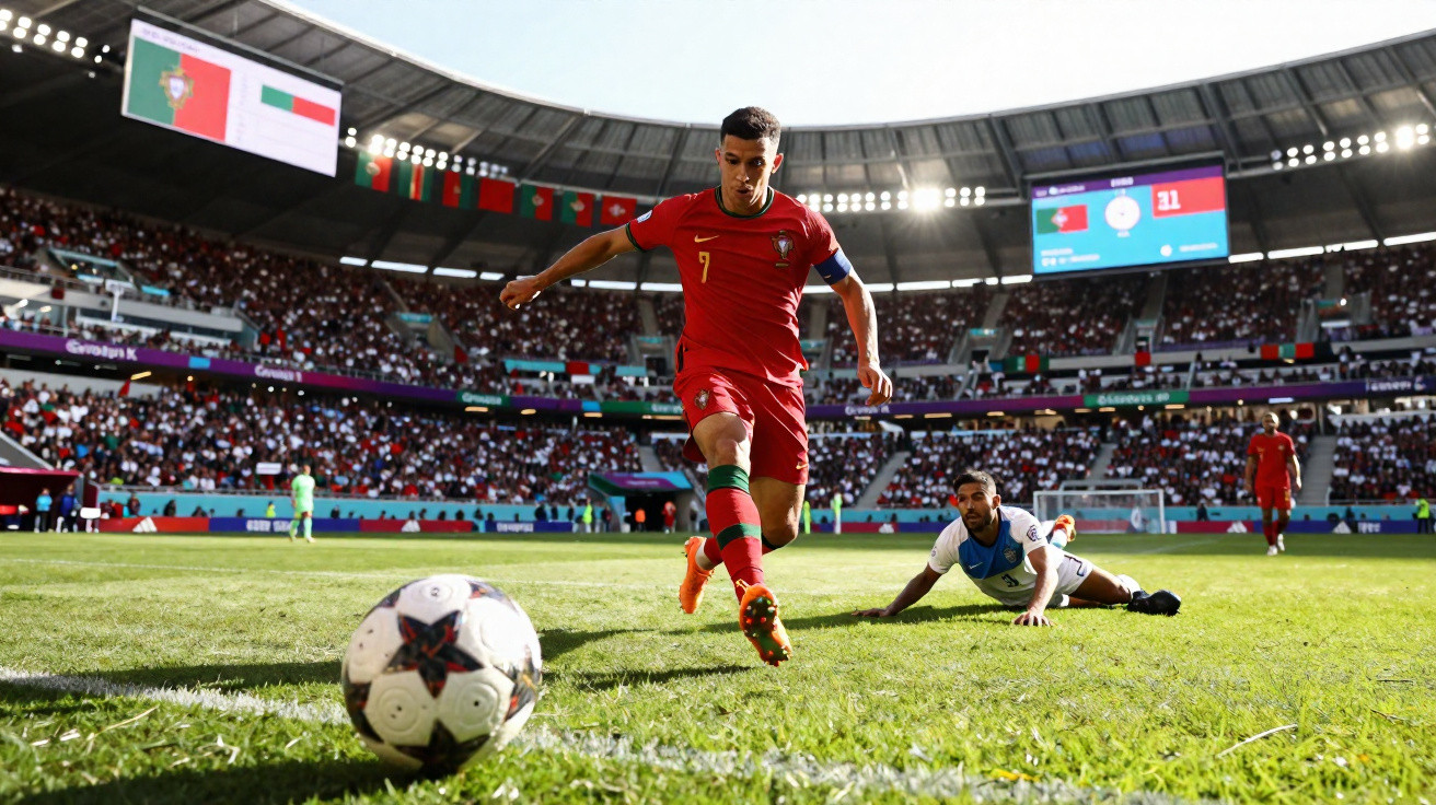 Jogador de Portugal com a bola perto da linha de fundo, adversário caído no gramado em estádio lotado.