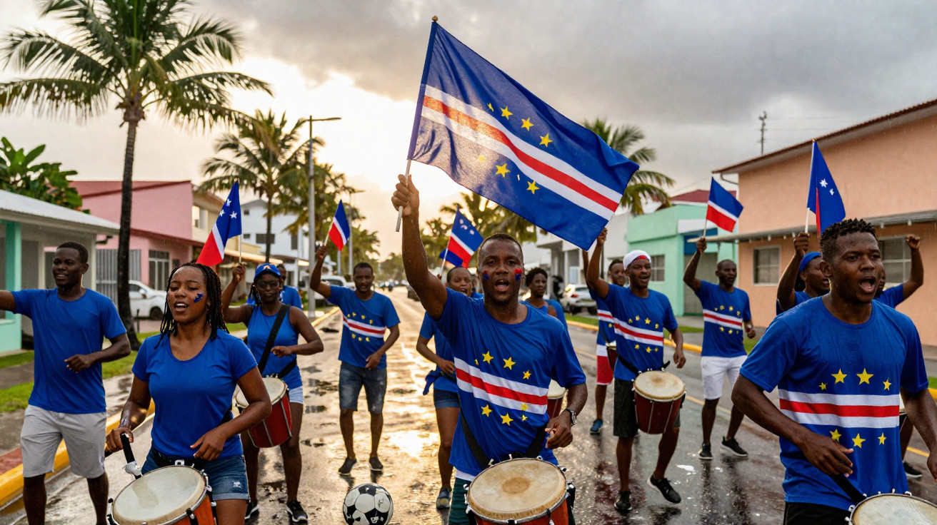 Grupo de pessoas vestindo azul tocando tambores e segurando bandeiras de Cabo Verde em rua molhada.