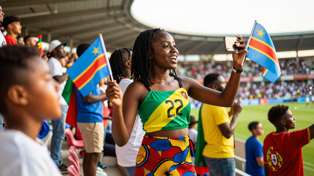 Torcedora negra sorridente na arquibancada segurando duas bandeiras da República Democrática do Congo em estádio de futebol.
