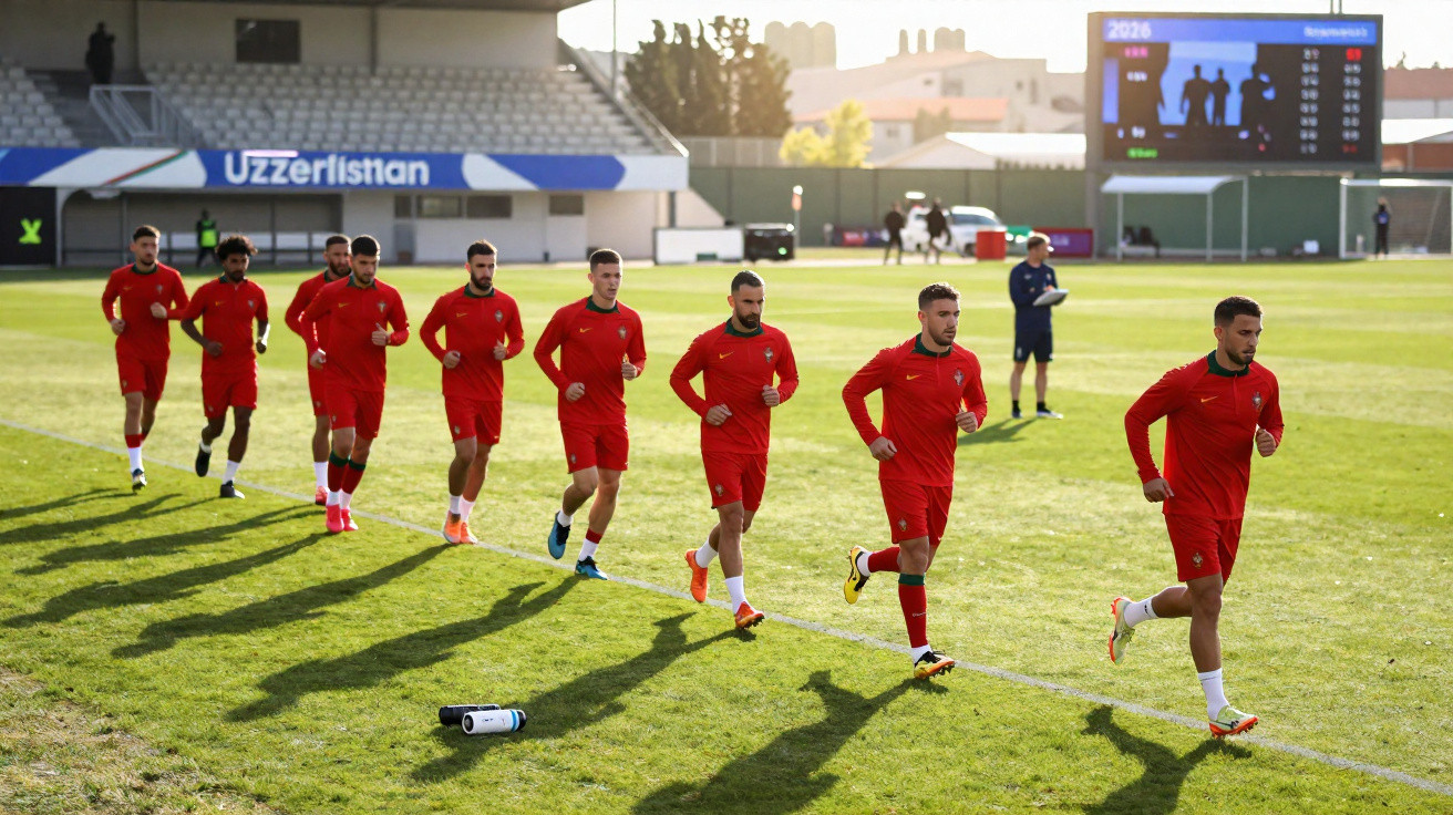 Equipe de futebol treinando corrida em campo gramado com uniforme vermelho ao entardecer.