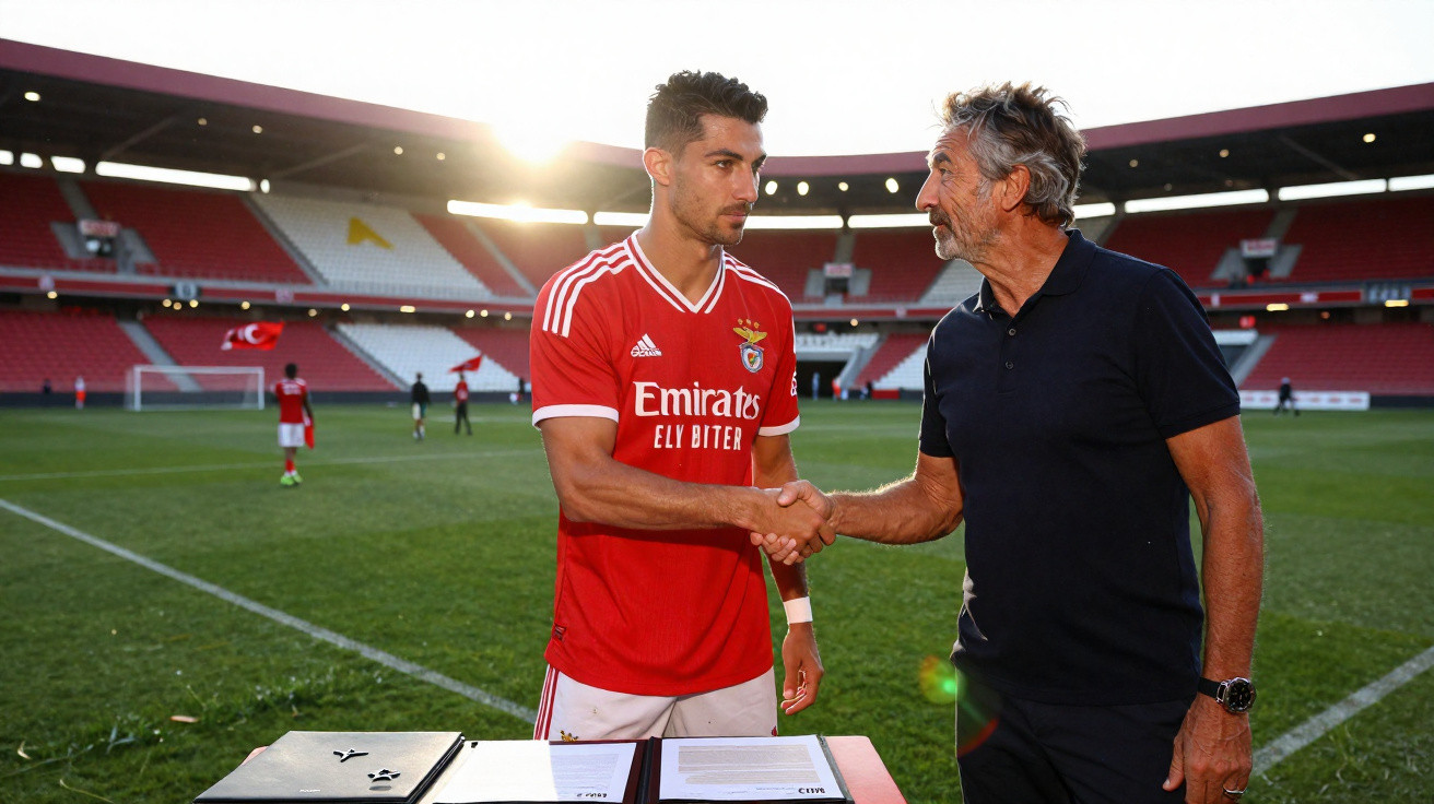 Jogador de futebol e diretor apertando mãos em estádio ao lado de mesa com documentos.