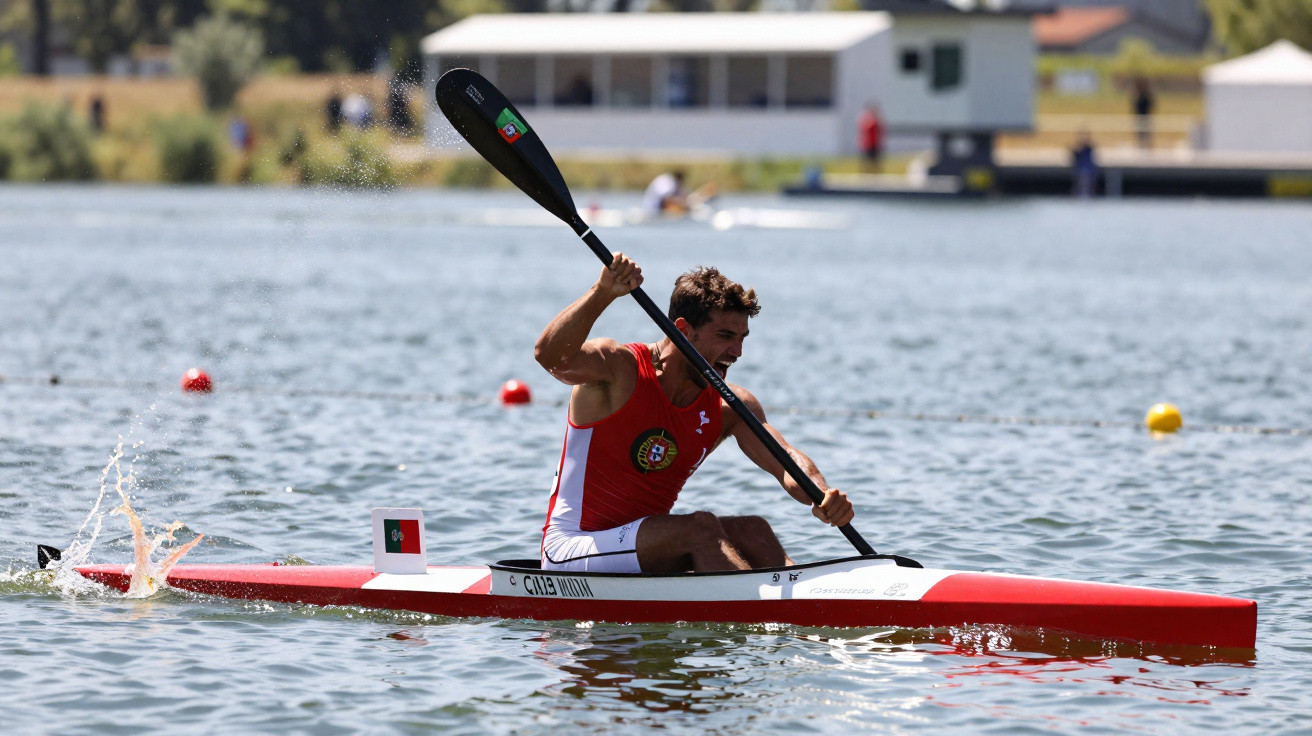 Remador português em caiaque vermelho e branco competindo em águas calmas durante prova de canoagem.