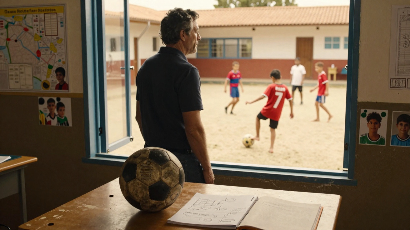 Homem observa crianças jogando futebol em quadra vista pela janela de sala de aula.