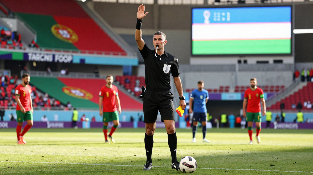 Árbitro de futebol com cartão amarelo erguido durante partida entre Portugal e Itália em estádio.