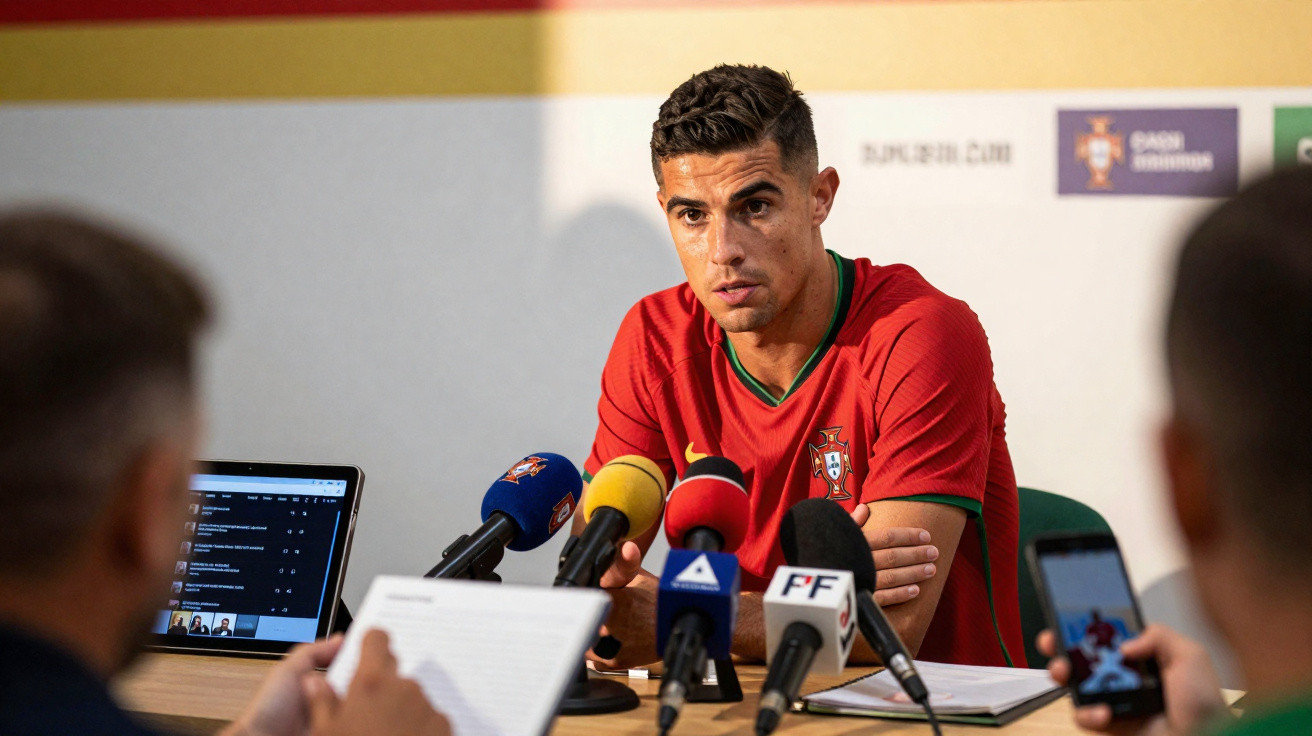 Jogador de futebol da seleção de Portugal responde perguntas em entrevista coletiva com vários microfones à frente.