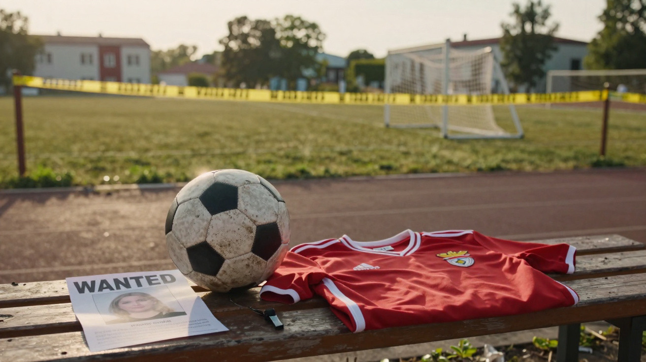 Bola de futebol, camisa vermelha, e cartaz de procurado sobre banco em campo de futebol ao entardecer.