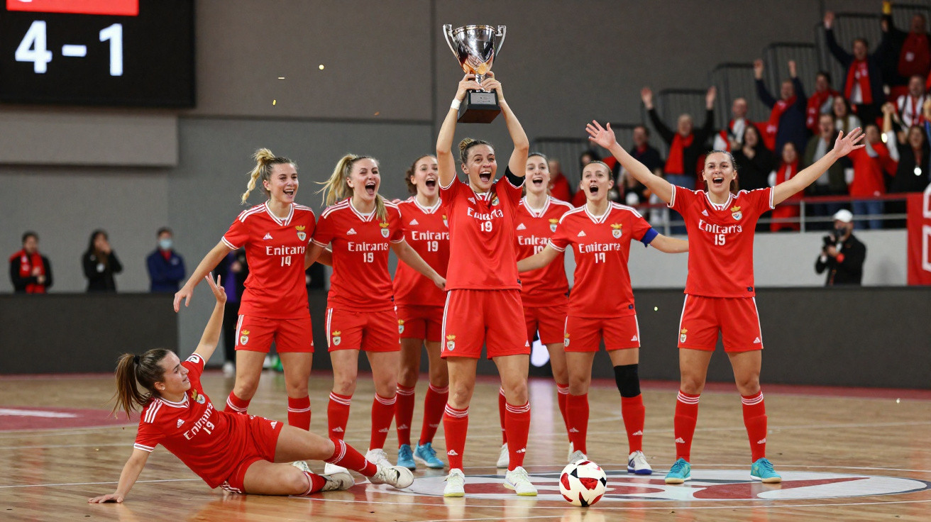 Jogadoras de futsal do Benfica comemoram título com troféu em quadra coberta.