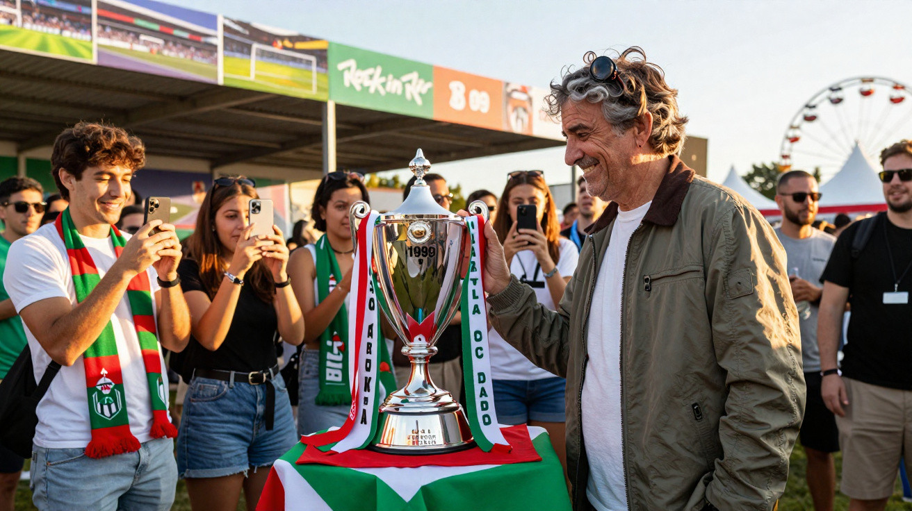 Homem sorridente toca em troféu exibido em evento ao ar livre com público ao fundo.