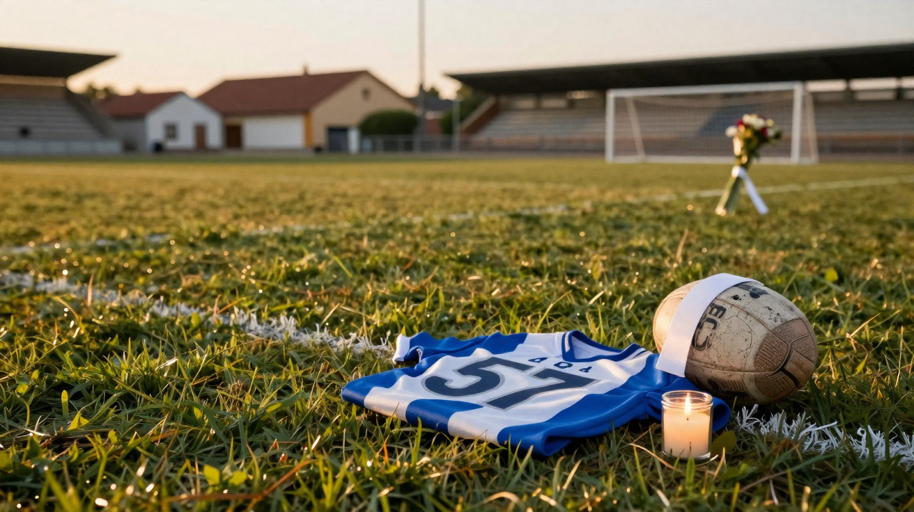 Chuteira, bola de rugby e vela acesa sobre o gramado de campo esportivo ao pôr do sol.