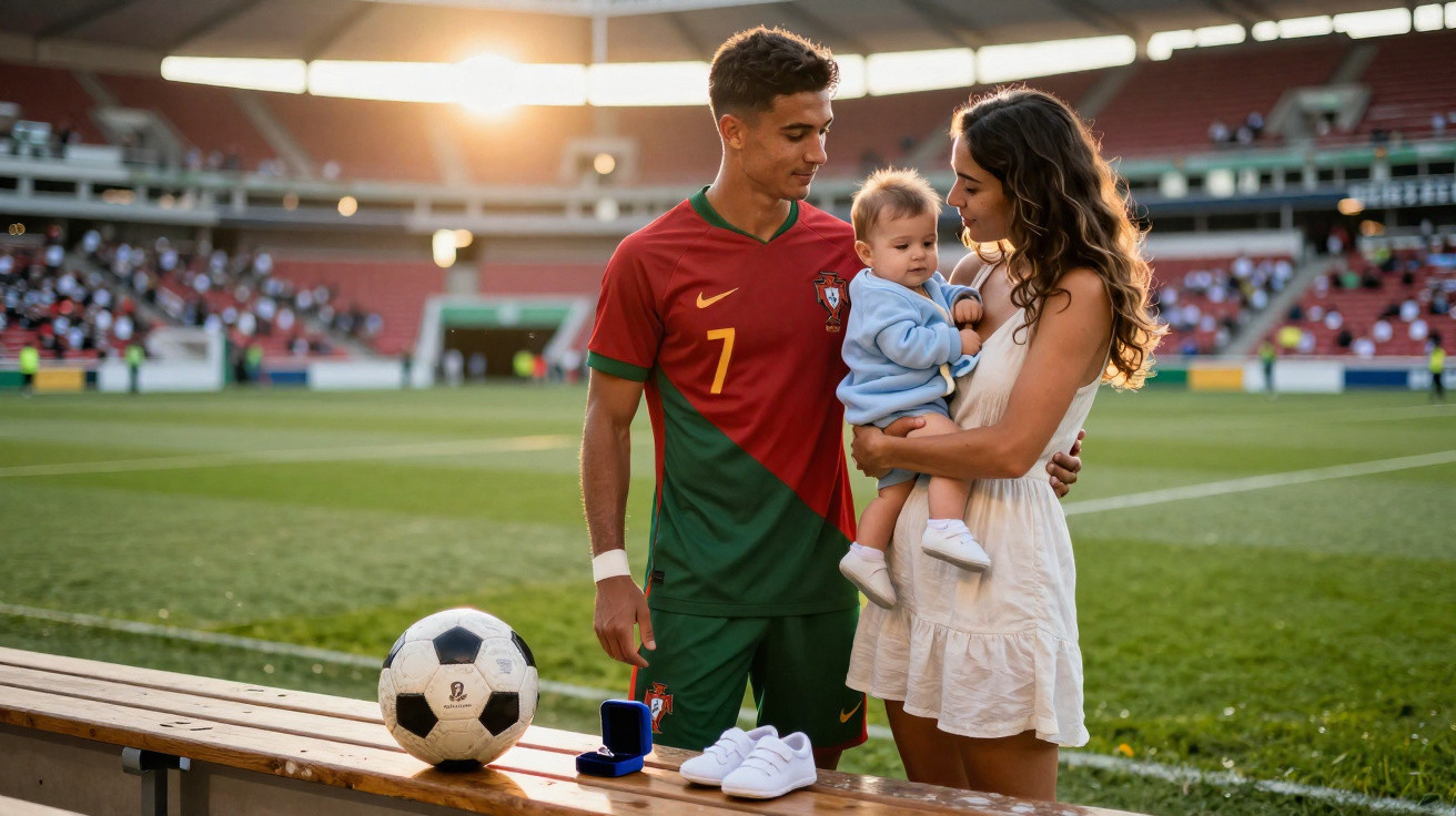 Jogador de futebol em uniforme com mulher segurando bebê em campo de futebol ao pôr do sol.