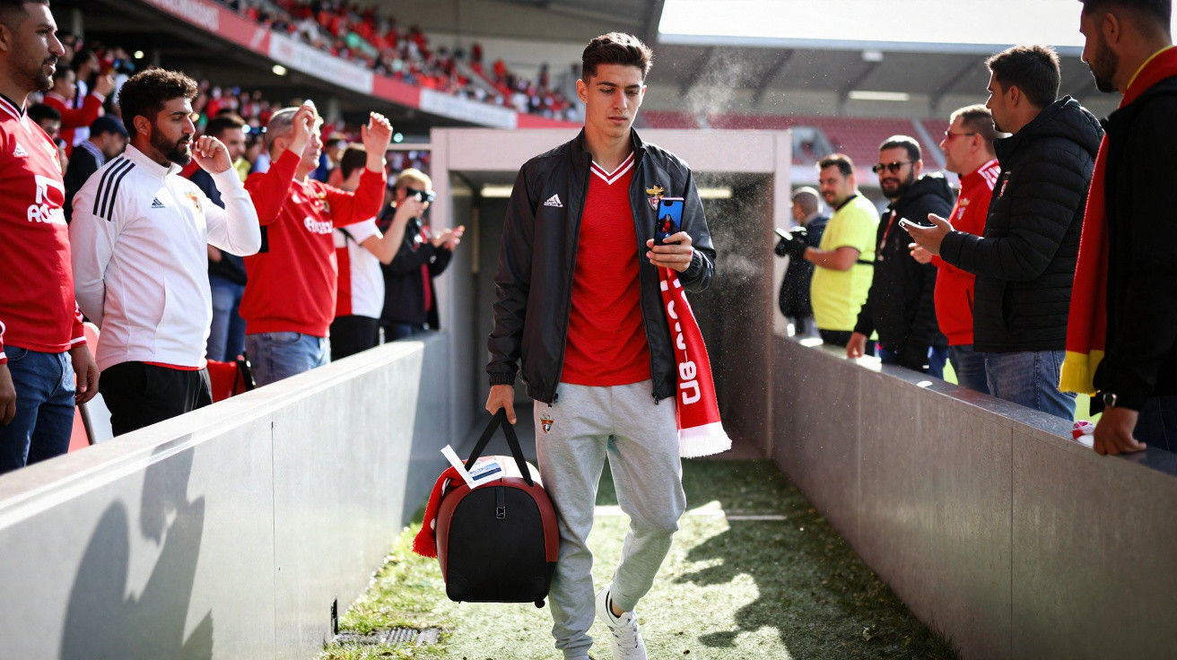 Jogador de futebol com roupa esportiva carregando mala e segurando celular em túnel de estádio com torcedores ao redor.
