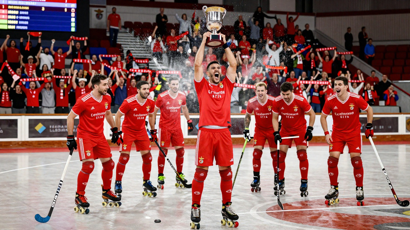 Jogadores de hóquei em patins do Benfica comemoram vitória com taça, fãs vibrando ao fundo.