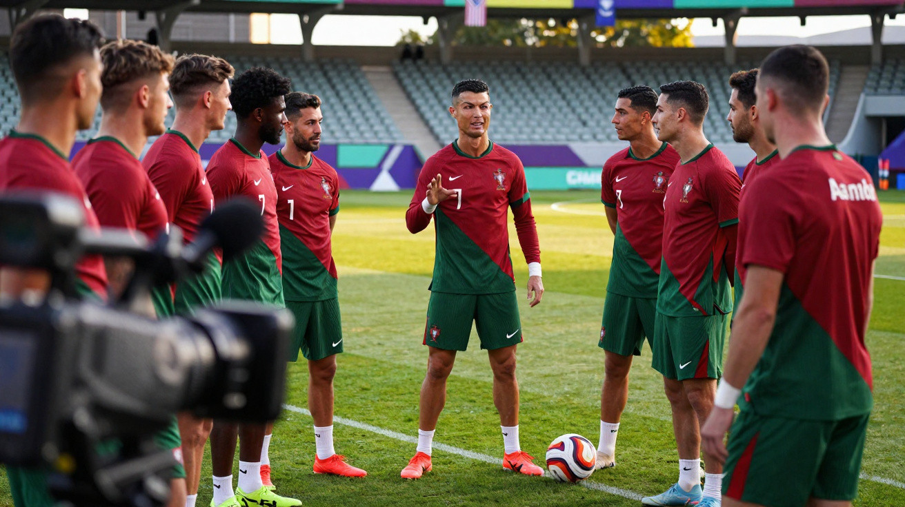 Jogadores de futebol de Portugal reunidos em campo durante treino antes do jogo.