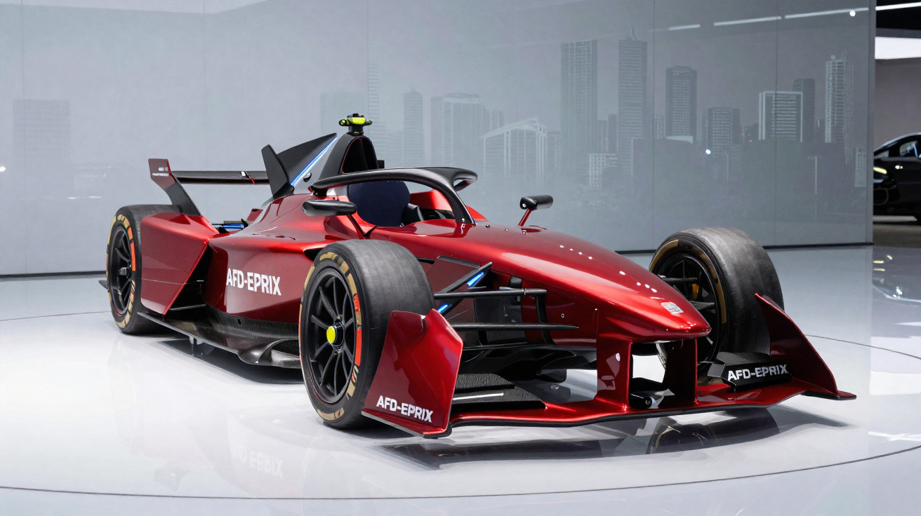 Carro de corrida elétrico vermelho da equipe AFD-EPrix em exposição com fundo de cidade cinza.