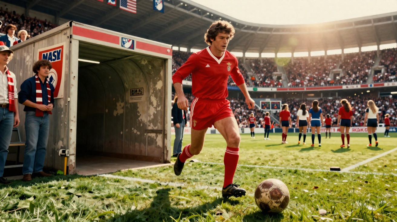 Jogador de futebol com uniforme vermelho correndo com a bola na entrada do campo em estádio com torcida.